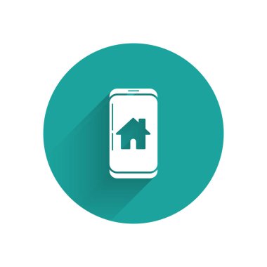 Uzun gölge ile izole akıllı ev simgesi ile Beyaz Cep telefonu. Uzaktan kumanda. Yeşil daire düğmesi. Vektör İllüstrasyonu