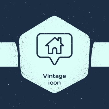 Grunge Hattı Harita İşaretleyicisi. Mavi arka planda ev simgesi var. Ev konumu belirleyici sembol. Tek renkli klasik çizim. Vektör İllüstrasyonu