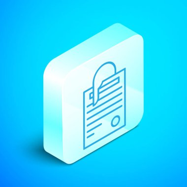 İzometrik çizgi Dosya belgesi ve mavi arka planda yalıtılmış ataş simgesi. Denetim listesi simgesi. İş konsepti. Gümüş kare düğme. Vektör İllüstrasyonu