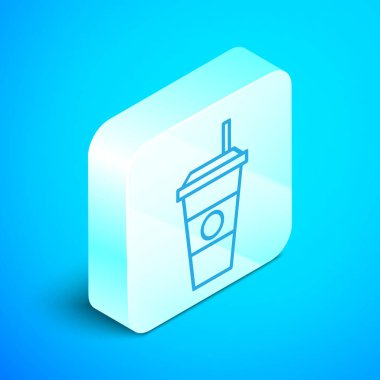 Isometric line kahve fincanı ikonu mavi arka planda izole edilmiş. Tek kullanımlık kahve bardağı ve sıcak kahve. Gümüş kare düğme. Vektör İllüstrasyonu