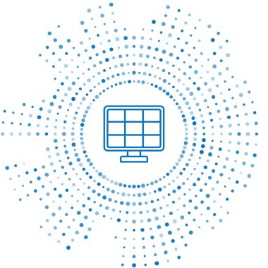 Beyaz arka planda mavi çizgi güneş enerjisi simgesi izole edildi. Soyut çember rastgele noktalar. Vektör İllüstrasyonu