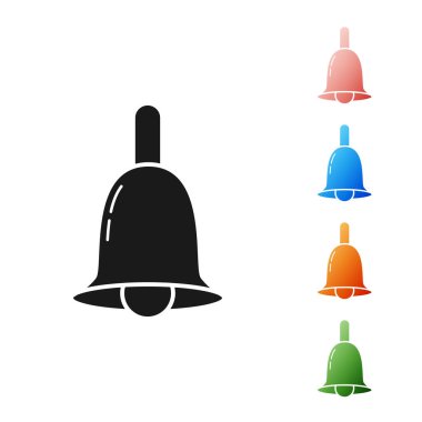 Beyaz arkaplanda siyah zil simgesi izole edildi. Alarm sembolü, servis zili, el zili işareti, uyarı sembolü. Simgeleri renklendirin. Vektör İllüstrasyonu
