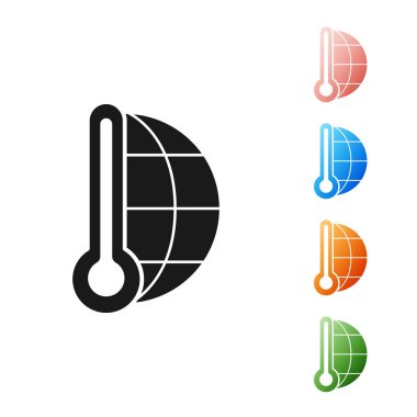 Siyah Meteoroloji termometresi beyaz zeminde izole edilmiş ısı ve soğuk ikonu ölçüyor. Termometre termometresi sıcak ya da soğuk hava gösteriyor. Simgeleri renklendirin. Vektör İllüstrasyonu