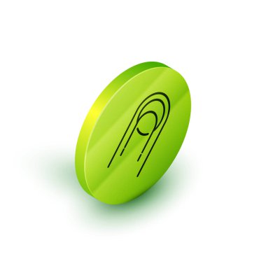 Beyaz arkaplanda Isometric çizgi uydu simgesi izole. Yeşil daire düğmesi. Vektör İllüstrasyonu