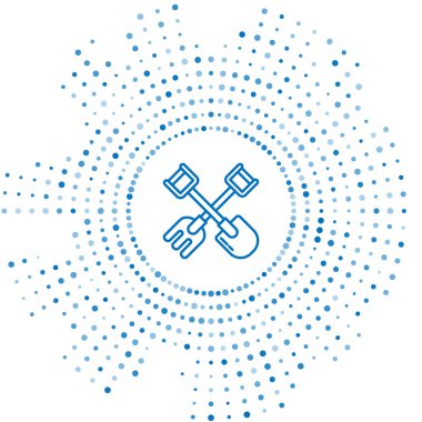 Mavi çizgi küreği ve tırmık simgesi beyaz arkaplanda izole edildi. Bahçecilik, tarım, bahçıvanlık, çiftçilik aletleri. Toprak işçisi. Soyut çember rastgele noktalar. Vektör İllüstrasyonu