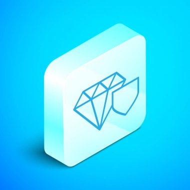 Mavi arka planda izole edilmiş kalkan simgesi olan Isometric hattı Diamond. Mücevher sigortası konsepti. Güvenlik, güvenlik, koruma, konsept koruma. Gümüş kare düğme. Vektör İllüstrasyonu