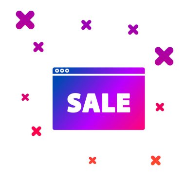 Beyaz arkaplanda izole edilmiş metin çevrimiçi satış simgesi ile Renk Asma işareti. Mesaj indirimli tabela. Kademeli rastgele dinamik şekiller. Vektör İllüstrasyonu