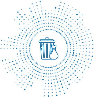Mavi çizgi çöp kutusu ve çöp torbası simgesi beyaz arkaplanda izole edildi. Çöp kutusu tabelası. Sepet simgesini geri dönüştür. Ofis çöpü ikonu. Soyut çember rastgele noktalar. Vektör İllüstrasyonu