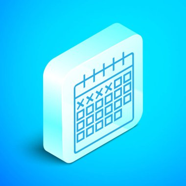 Isometric satır takvim simgesi mavi arkaplanda izole edildi. Gümüş kare düğme. Vektör İllüstrasyonu