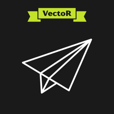 Beyaz çizgi kağıttan uçak simgesi siyah arkaplanda izole edildi. Vektör İllüstrasyonu