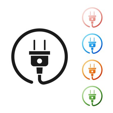Beyaz arkaplanda siyah elektrik prizi simgesi izole edildi. Bağlantı kavramı ve elektriğin kesilmesi. Simgeleri renklendirin. Vektör İllüstrasyonu
