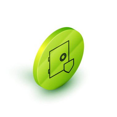 Beyaz arkaplanda izole edilmiş kalkan simgesi olan Isometric hattı güvenli. Sigorta konsepti. Güvenlik, güvenlik, koruma, konsept koruma. Yeşil daire düğmesi. Vektör İllüstrasyonu