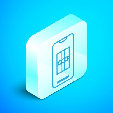 Mavi arkaplanda izole edilmiş ekran simgesinde hediye kutusu olan Isometric Line Smartphone. Mutlu Noeller ve mutlu yıllar. Gümüş kare düğme. Vektör İllüstrasyonu