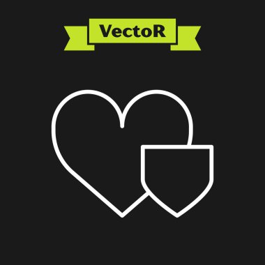 Siyah arka planda izole edilmiş beyaz çizgi kalp. Aşk sembolü. Sigorta konsepti. Güvenlik, güvenlik, koruma, konsept koruma. Vektör İllüstrasyonu