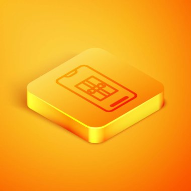 Ekran simgesinde turuncu arkaplanda izole edilmiş hediye kutusu olan Isometric Line Smartphone. Mutlu Noeller ve mutlu yıllar. Turuncu kare düğme. Vektör İllüstrasyonu