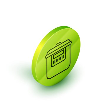 Isometric satır Yavaş pişirme simgesi beyaz arkaplan izole. Elektrikli tava. Yeşil daire düğmesi. Vektör İllüstrasyonu