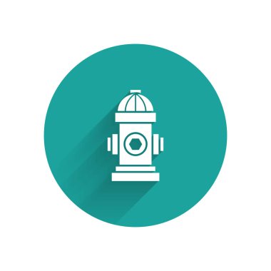 Beyaz Yangın musluğu ikonu uzun gölgeli izole edilmiş. Yeşil daire düğmesi. Vektör İllüstrasyonu