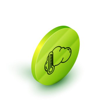 Isometric çizgi termometresi ve bulut simgesi beyaz arka planda izole edildi. Yeşil daire düğmesi. Vektör İllüstrasyonu