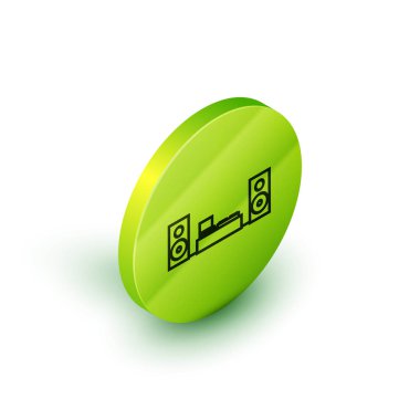 Beyaz arkaplanda izole edilmiş iki hoparlör ikonlu Isometric Home stereo. Müzik sistemi. Yeşil daire düğmesi. Vektör İllüstrasyonu