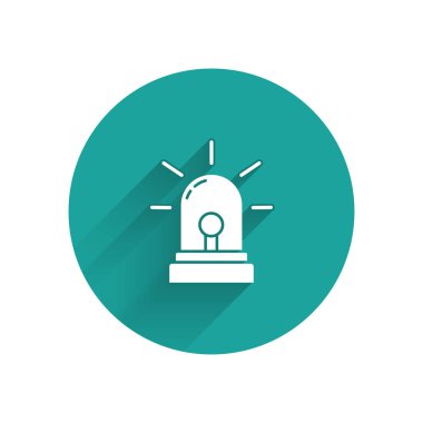 Beyaz teşhirci siren ikonu uzun gölgeli izole edilmiş. Acil durum sireni. Yeşil daire düğmesi. Vektör İllüstrasyonu