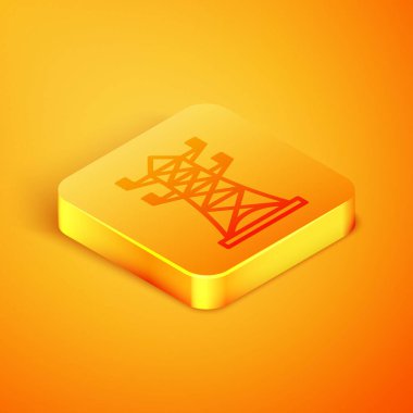 Isometric hattı elektrik kulesi turuncu arka planda izole edilmiş bir güç hattı simgesini desteklemek için kullanılır. Yüksek voltajlı elektrik direği hattı. Turuncu kare düğme. Vektör İllüstrasyonu