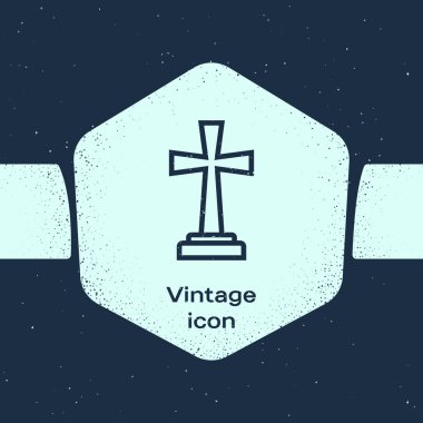 Grunge Hattı Tombstone mavi arka planda çapraz simge ile izole edildi. Mezar ikonu. Tek renkli klasik çizim. Vektör İllüstrasyonu