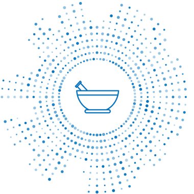 Mavi çizgi havan ve tokmak simgesi beyaz arkaplanda izole edildi. Soyut çember rastgele noktalar. Vektör İllüstrasyonu