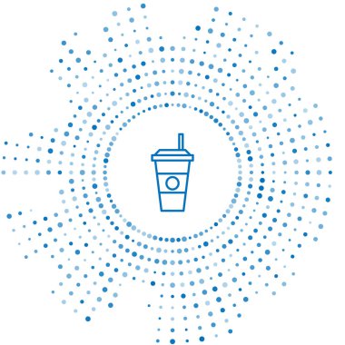 Mavi çizgi kahve fincanı simgesi beyaz arkaplanda izole edilmiş. Tek kullanımlık kahve bardağı ve sıcak kahve. Soyut çember rastgele noktalar. Vektör İllüstrasyonu