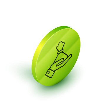 El 'in para çantası simgesini tuttuğu beyaz arka planda izole edilmiş bir hat. Dolar ya da Usd sembolü. Nakit bankacılık tabelası. Yeşil daire düğmesi. Vektör İllüstrasyonu