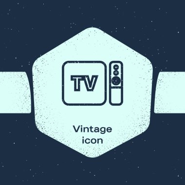 Grunge hattı Multimedia ve TV kutusu alıcısı ve uzaktan kumanda simgesine sahip oyuncu mavi arkaplanda izole edildi. Tek renkli klasik çizim. Vektör İllüstrasyonu
