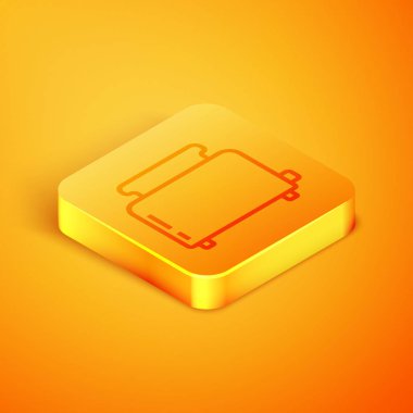 Turuncu arka planda izole edilmiş tost simgesi olan Isometric Line tost makinesi. Turuncu kare düğme. Vektör İllüstrasyonu