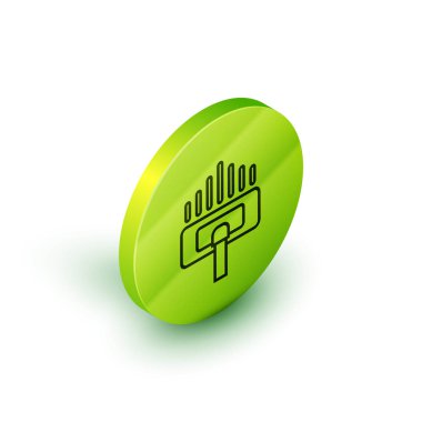 İzometrik çizgi temizleme servisi simgesi beyaz arkaplanda izole edildi. Süpürge kafası daire şeklinde, halı temizleme logosu. Yeşil daire düğmesi. Vektör İllüstrasyonu