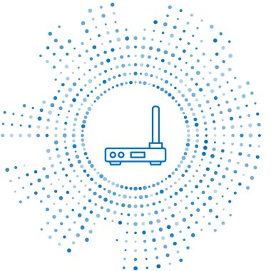 Mavi hat Router ve kablosuz ağ sinyali simgesi beyaz arkaplanda izole edildi. Kablosuz ethernet modem yönlendirici. Bilgisayar teknolojisi interneti. Soyut çember rastgele noktalar. Vektör İllüstrasyonu