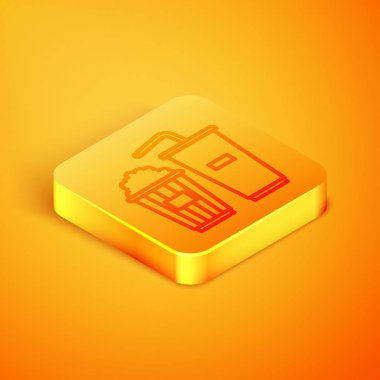 Karton kutuda Isometric hattı patlamış mısır ve turuncu arka planda izole edilmiş saman ve su ikonu ile kağıt bardak. Soda bardağı. Turuncu kare düğme. Vektör İllüstrasyonu