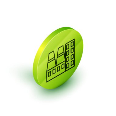 Isometric hattı elektrik santrali ve fabrika ikonu beyaz arka planda izole edildi. Enerji endüstrisi konsepti. Yeşil daire düğmesi. Vektör İllüstrasyonu