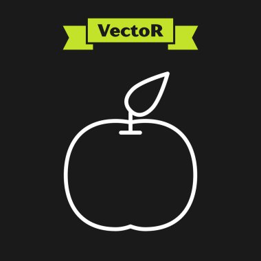 Apple 'ın beyaz çizgi simgesi siyah arkaplanda izole edildi. Yaprak sembollü meyve. Vektör İllüstrasyonu