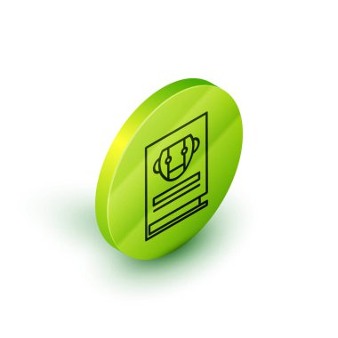 İzometrik hat Beyaz arka planda yalıtılmış kullanım kılavuzu simgesi. Kullanım kılavuzu kitabı. Talimat işareti. Kullanmadan önce okuyun. Yeşil daire düğmesi. Vektör İllüstrasyonu