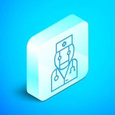 Mavi arka planda Isome çizgisi robot doktor ikonu izole edildi. Tıbbi online danışmanlık robot silueti yapay zeka. Gümüş kare düğme. Vektör İllüstrasyonu