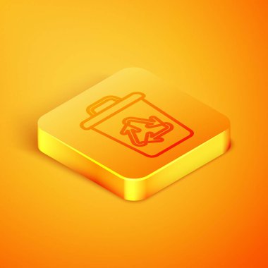 Turuncu arkaplanda izole edilmiş geri dönüşüm sembolü simgesi olan Isometric hattı geri dönüşüm kutusu. Çöp kutusu simgesi. Çöp kutusu tabelası. Geri dönüşüm sepeti işareti. Turuncu kare düğme. Vektör İllüstrasyonu