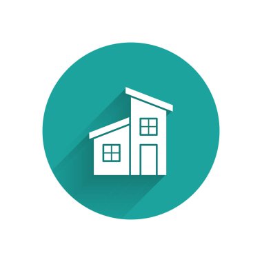 Beyaz Saray ikonu uzun gölgeli. Ev sembolü. Yeşil daire düğmesi. Vektör İllüstrasyonu