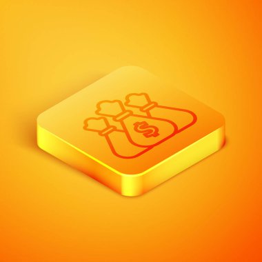 Turuncu arka planda izole edilmiş İzometrik çizgi Para çantası simgesi. Dolar veya Usd sembolü. Nakit Bankacılık para birimi işareti. Turuncu kare düğme. Vektör İllüstrasyonu