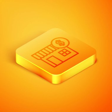 Turuncu arka planda dolar sembolü olan Isometric Line House. Ev ve para. Emlak konsepti. Turuncu kare düğme. Vektör İllüstrasyonu