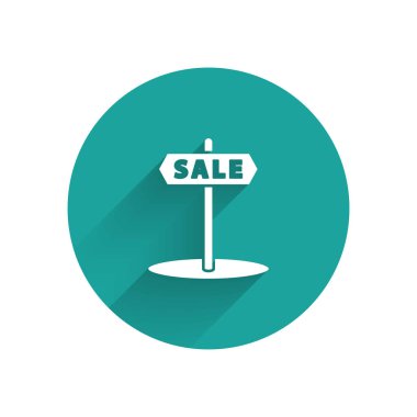 Uzun gölgeli izole edilmiş metin satışı simgesi. Mesaj indirimli tabela. Yeşil daire düğmesi. Vektör İllüstrasyonu