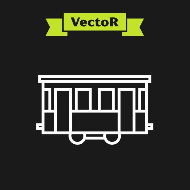 Beyaz çizgi Eski şehir tramvay simgesi siyah arka planda izole edildi. Toplu taşıma sembolü. Vektör İllüstrasyonu