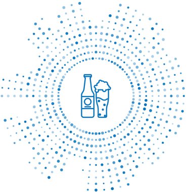 Mavi çizgili bira şişesi ve beyaz arka planda izole edilmiş cam ikon. Alkol içeceği sembolü. Soyut çember rastgele noktalar. Vektör İllüstrasyonu