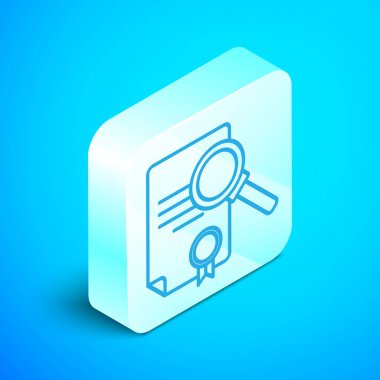 Mavi arkaplanda arama simgesine sahip Isometric satır belgesi. Dosya ve büyüteç simgesi. Analitik araştırma işareti. Gümüş kare düğme. Vektör İllüstrasyonu