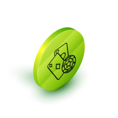 Beyaz arkaplanda izole edilmiş Isometric çizgi kumarhane çipi ve iskambil simgesi. Kumarhane pokeri. Yeşil daire düğmesi. Vektör İllüstrasyonu