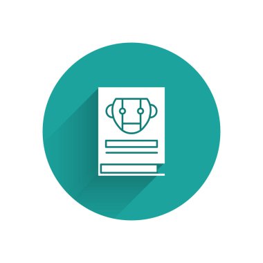 Beyaz Kullanıcı manuel simgesi uzun gölge ile yalıtılmış. Kullanım Kılavuzu kitabı. Yönerge işareti. Kullanmadan önce okuyun. Yeşil daire düğmesi. Vektör Illustration