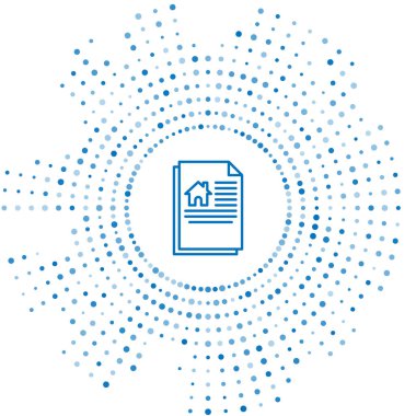 Mavi çizgi ev sözleşmesi ikonu beyaz arka planda izole edildi. Sözleşme oluşturma hizmeti, belge oluşumu, başvuru formu bileşimi. Soyut çember rastgele noktalar. Vektör İllüstrasyonu