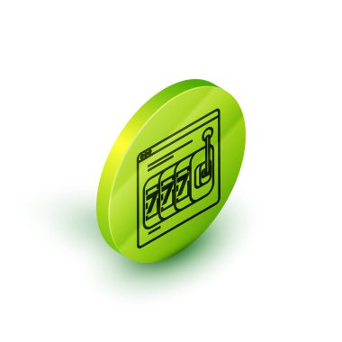Beyaz arka planda izole edilmiş şanslı yedinci büyük ikramiye ikonu olan Isometric line online slot makinesi. İnternetteki kumarhane. Yeşil daire düğmesi. Vektör İllüstrasyonu